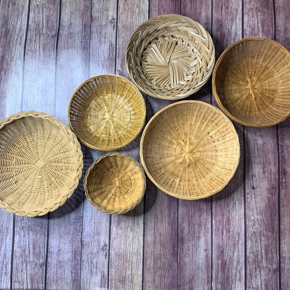 VTG Round Wicker Basket Set of 6 Rattan Boho Woven